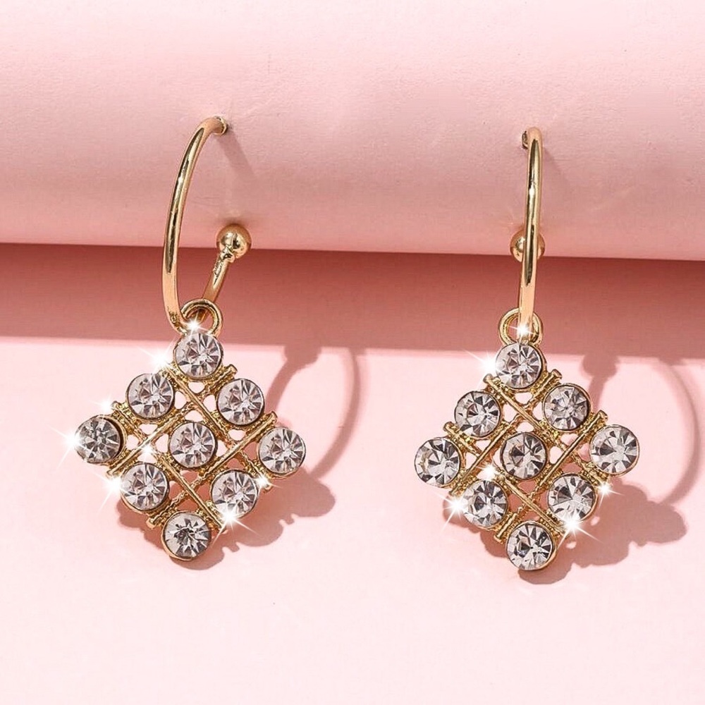 Any 2/$20! Gold Hoops w/Rhombus Crystal Earrings - Picture 2 of 7